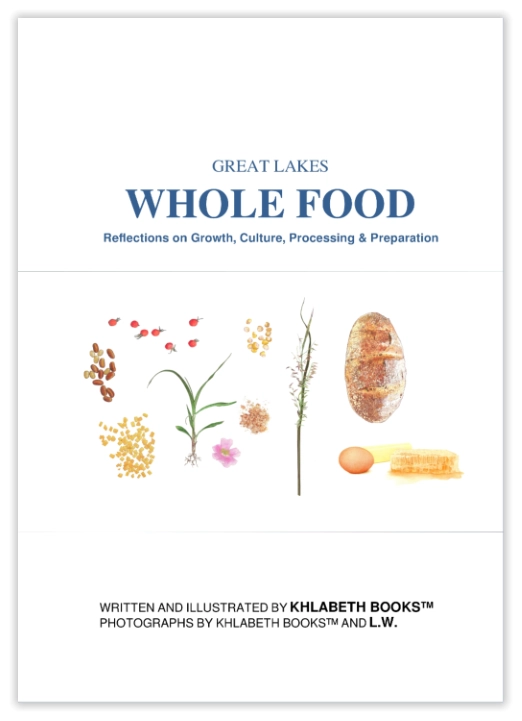 book cover for Great Lakes Whole Foods with drawing of food, seeds and plants, organic market, food co-op