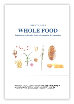 book cover for Great Lakes Whole Foods with drawing of food, seeds and plants, organic market, food co-op