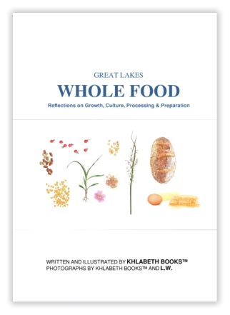 book cover for Great Lakes Whole Foods with drawing of food, seeds and plants, organic market, food co-op